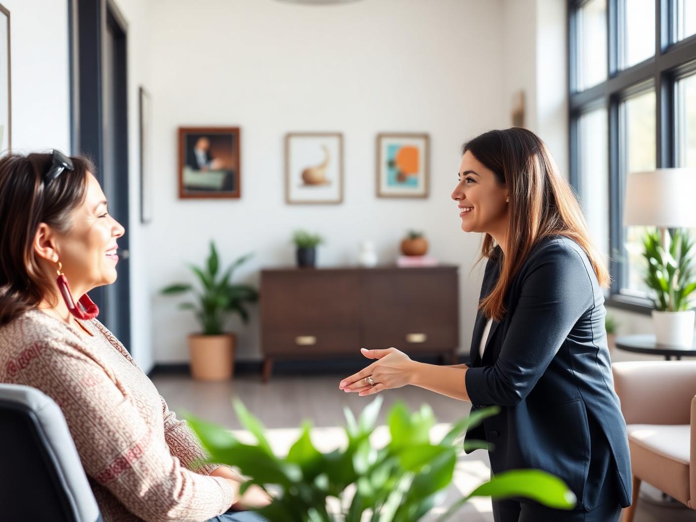 Colloquio di ascolto e orientamento tra una donna e un'operatrice in un ufficio luminoso