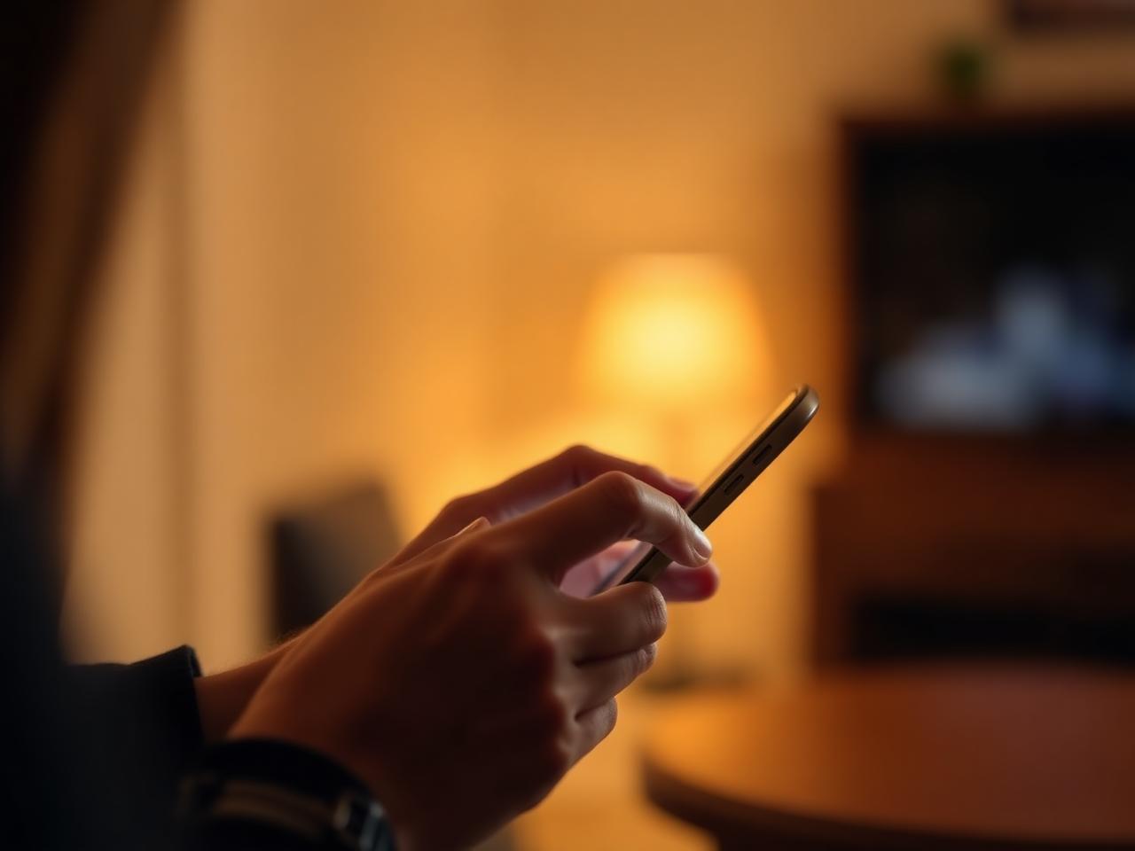 Mani che scrivono un messaggio dallo smartphone in un ambiente domestico riservato