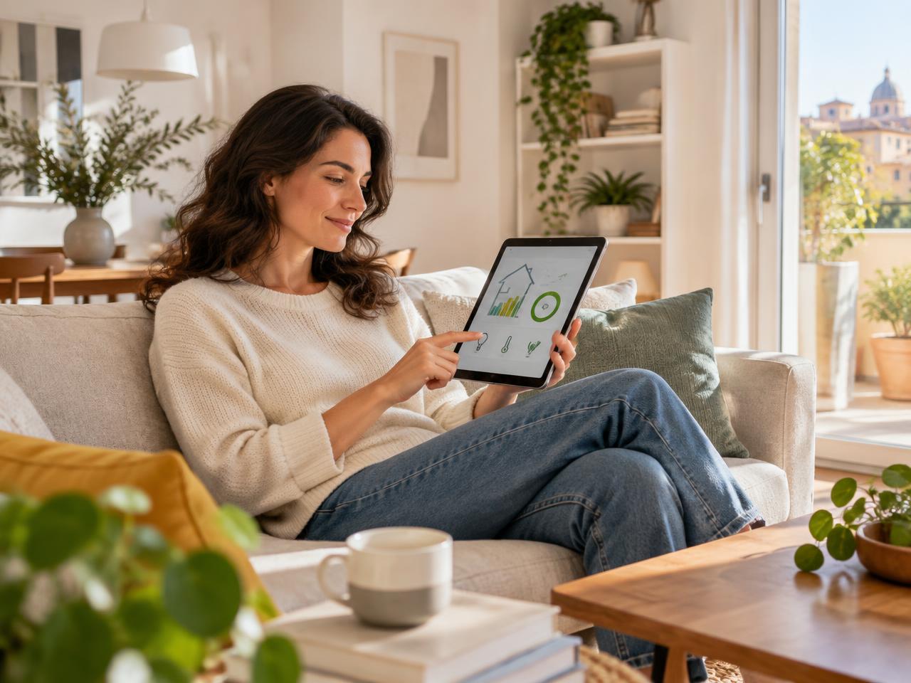 Persona che controlla i consumi energetici di casa da un tablet