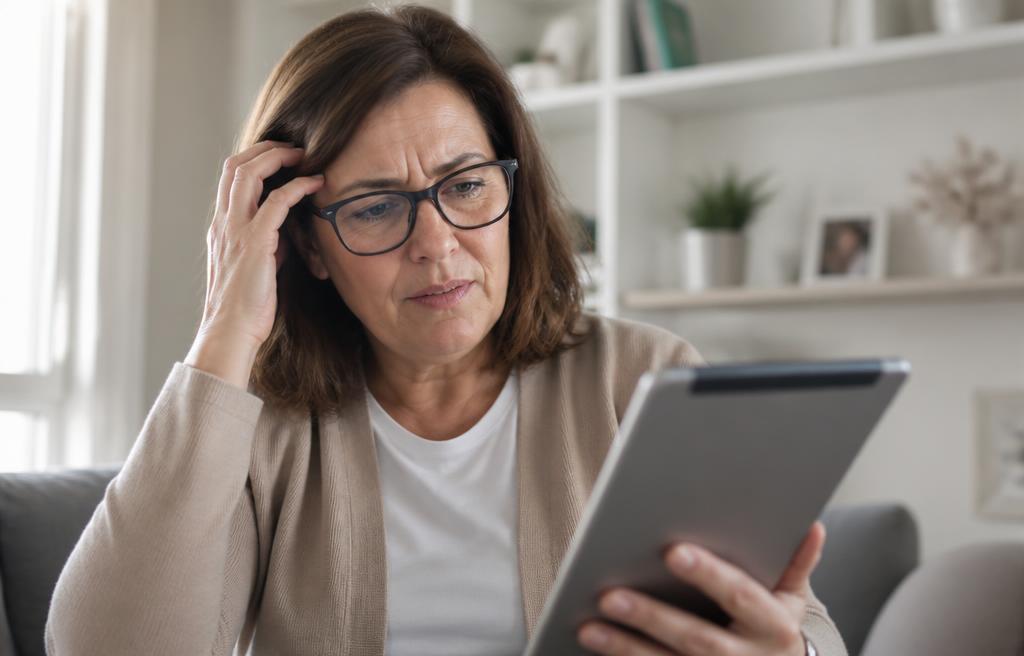 Donna con tablet che cerca il bonifico istantaneo nell'app bancaria